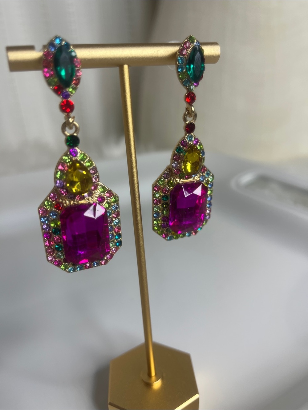 Multicolor Crystal Drop Earrings with Fuchsia Center - Picture 3 of 7